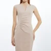 Italian Structured Rib Tailored Envelope Neck Pencil Midi Dress