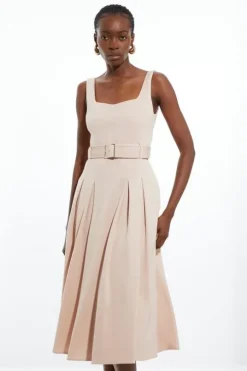 Italian Structured Rib Tailored Square Neck Belted Midi Dress