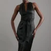 Italian Structured Satin Bow Detail Tailored Maxi Dress