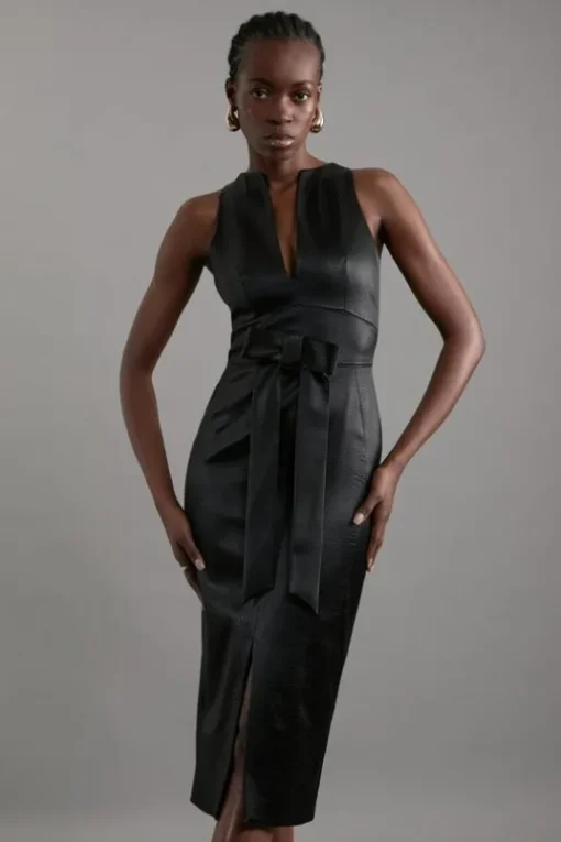 Italian Structured Satin Bow Detail Tailored Maxi Dress