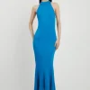 Italian Structured Stretch Waterfall Hem High Neck Midi Dress