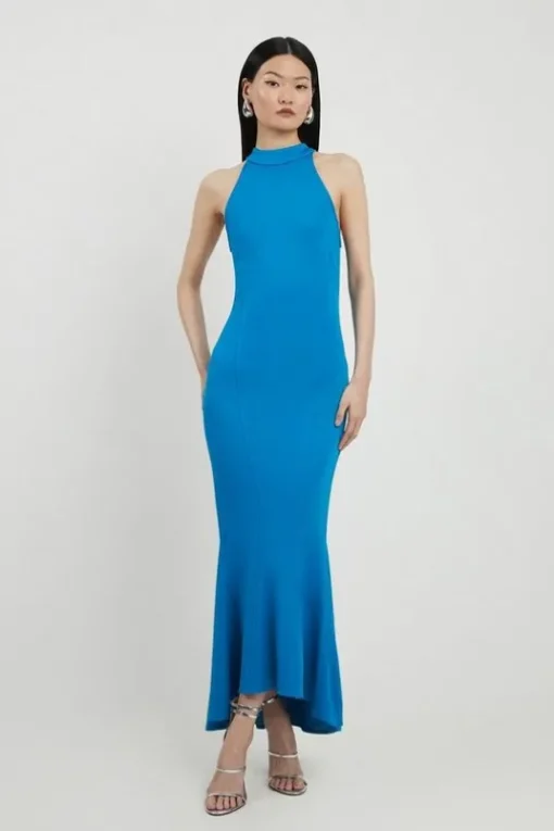 Italian Structured Stretch Waterfall Hem High Neck Midi Dress