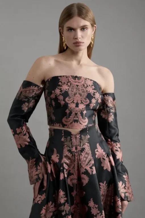 Jacquard Woven Floral Off The Shoulder Top