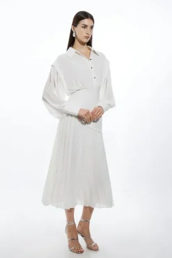 Jersey And Georgette Mix Pleated Maxi Shirt Dress