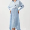 Jersey And Georgette Mix Belted Pleat Midi Dress