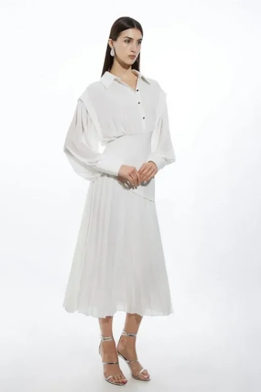 Jersey And Georgette Mix Pleated Maxi Shirt Dress