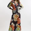 Jersey Border Print V Neck Midi Dress