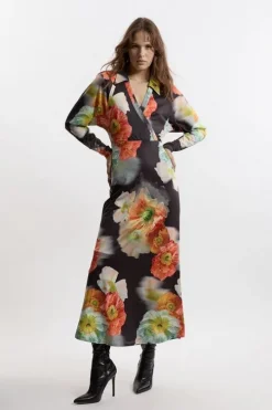 Jersey Border Print V Neck Midi Dress