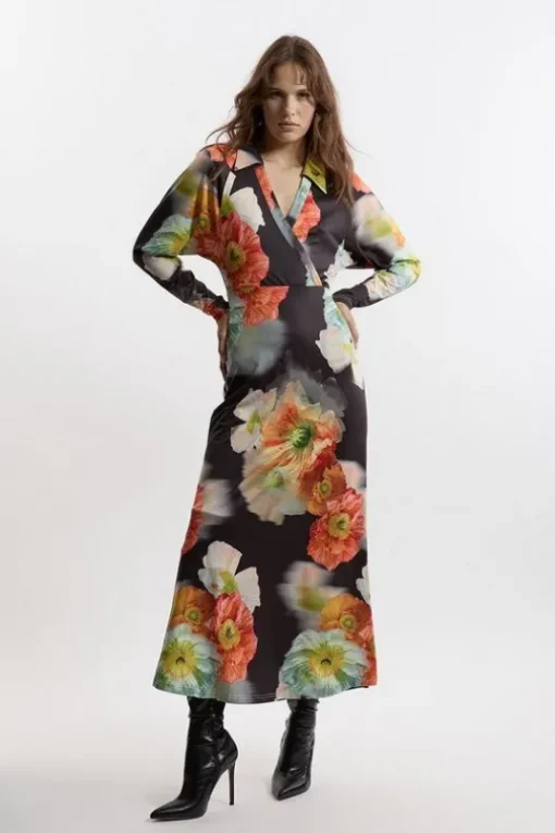 Jersey Border Print V Neck Midi Dress