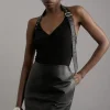 Jersey Crepe And Pu Mix Jersey Halter Bodysuit