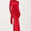 Jersey Crepe Ruched Tie Long Sleeve Maxi Dress