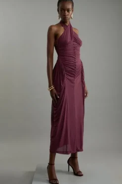 Jersey Mesh Halterneck Midi Dress
