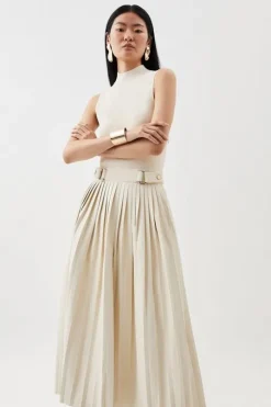 Knitted Midi Dress With Pu Detailing