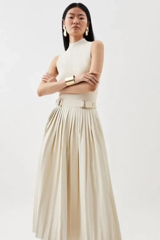 Knitted Midi Dress With Pu Detailing