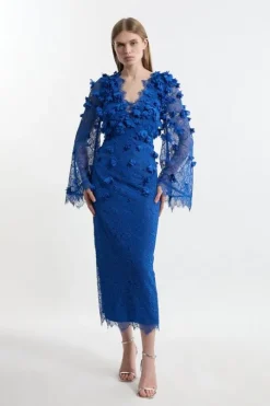 Lace Petal Applique Balloon Sleeve Woven Midi Dress