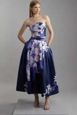 Large Scale Floral Print Woven Prom Midi Skirt