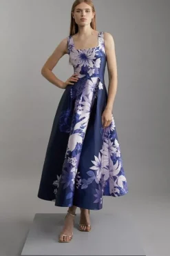 Large Scale Floral Print Woven Prom Maxi Dress