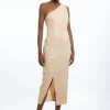 Layered Sequin One Shoulder Woven Split Midi Dress