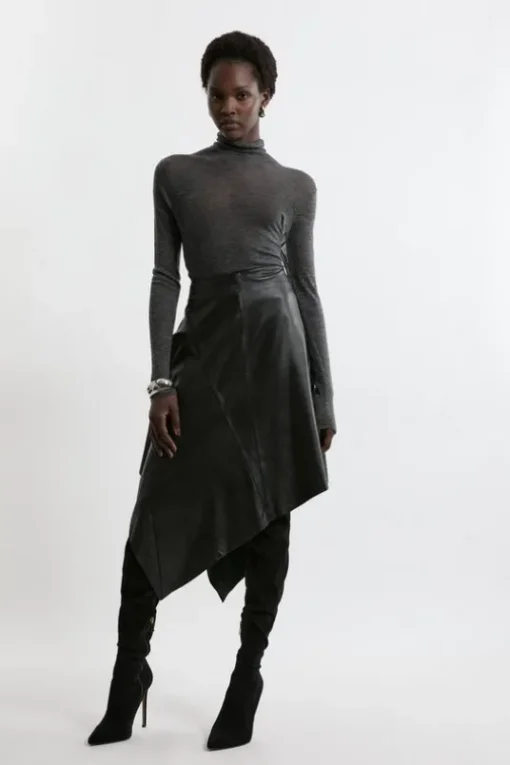 Leather Asymmetric Hem Drape Skirt