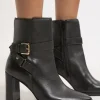 Leather Block Heel Buckle Ankle Boot
