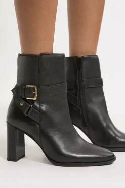 Leather Block Heel Buckle Ankle Boot