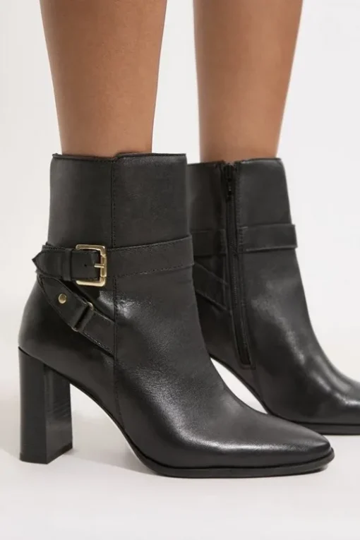 Leather Block Heel Buckle Ankle Boot