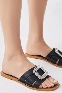 Leather Brooch Slip On Mule