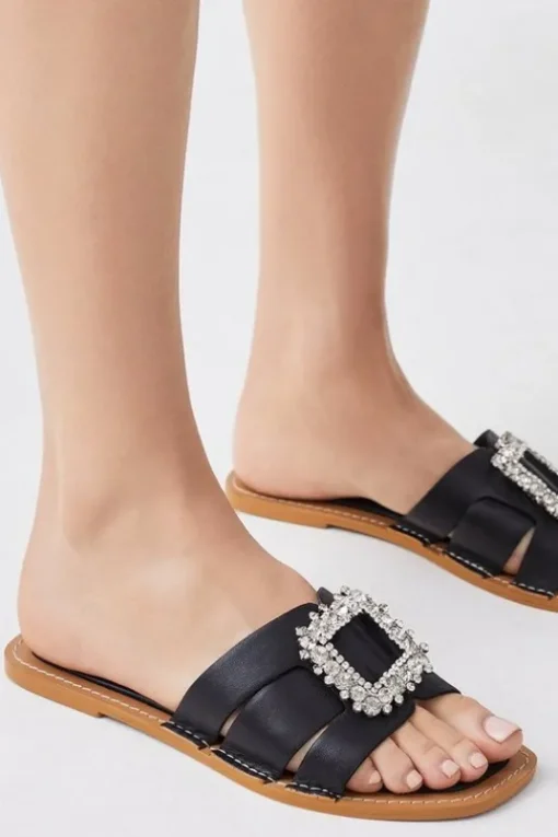 Leather Brooch Slip On Mule