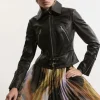 Leather Buckle Detail Zip Through Moto Jacket