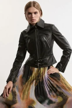 Leather Buckle Detail Zip Through Moto Jacket
