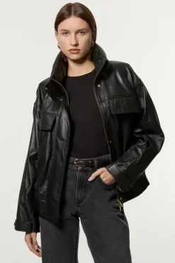Leather High Neck Blouson Bomber Jacket