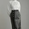 Leather Military Button Pencil Midi Skirt