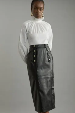 Leather Military Button Pencil Midi Skirt