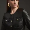 Leather Military Button Through Tailored Collarless Jacket