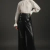 Leather Military Button Wide Leg Pants