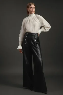 Leather Military Button Wide Leg Pants