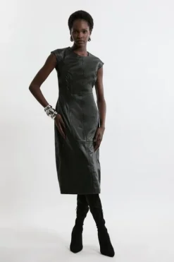 Leather Seam Detail Tailored Pencil Midi Dress