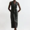Leather Zip Through Sleeveless Seam Detail Pencil Dress