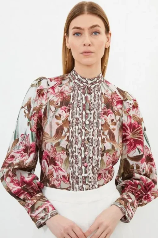 Linen Viscose Border Print Floral Woven Blouse