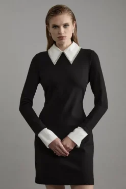 Long Sleeve Embellished Collar Mini Woven Dress