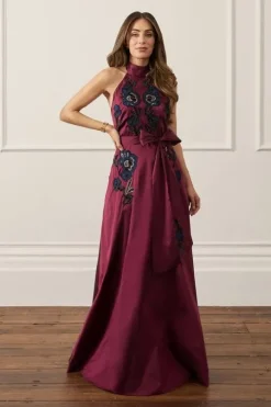 Lydia Millen Embellished Taffeta Woven Halter Prom Dress