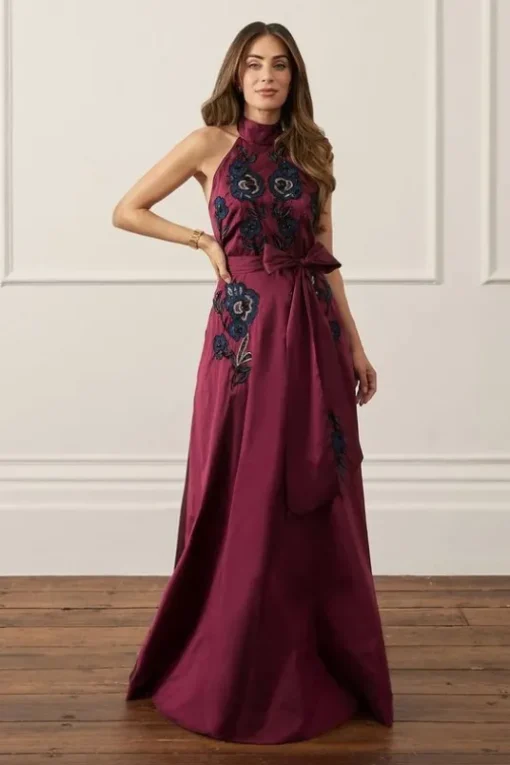 Lydia Millen Embellished Taffeta Woven Halter Prom Dress