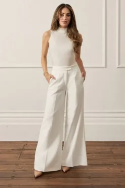 Lydia Millen Petite Compact Stretch Grosgrain Detail Tailored Wide Leg Pants