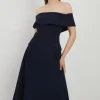 Lydia Millen Petite Compact Stretch Off The Shoulder Full Skirt Tailored Midi Dress
