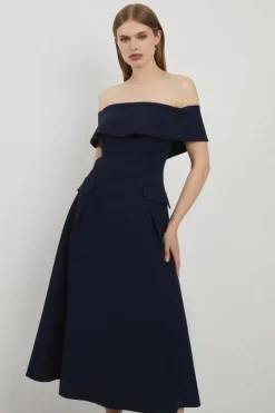 Lydia Millen Petite Compact Stretch Off The Shoulder Full Skirt Tailored Midi Dress