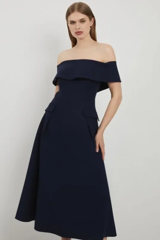 Lydia Millen Petite Compact Stretch Off The Shoulder Full Skirt Tailored Midi Dress