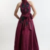 Lydia Millen Petite Embellished Taffeta Woven Halter Prom Dress