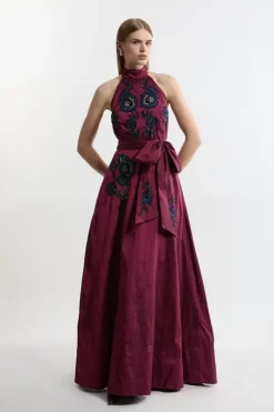 Lydia Millen Petite Embellished Taffeta Woven Halter Prom Dress