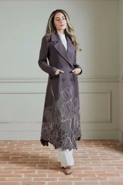 Lydia Millen Petite Wool Blend Floral Cutwork Flared Skirt Midaxi Coat