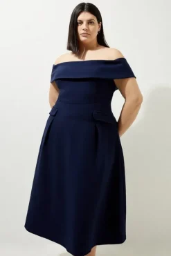 Lydia Millen Plus Size Compact Stretch Off The Shoulder Full Skirt Tailored Midi Dress